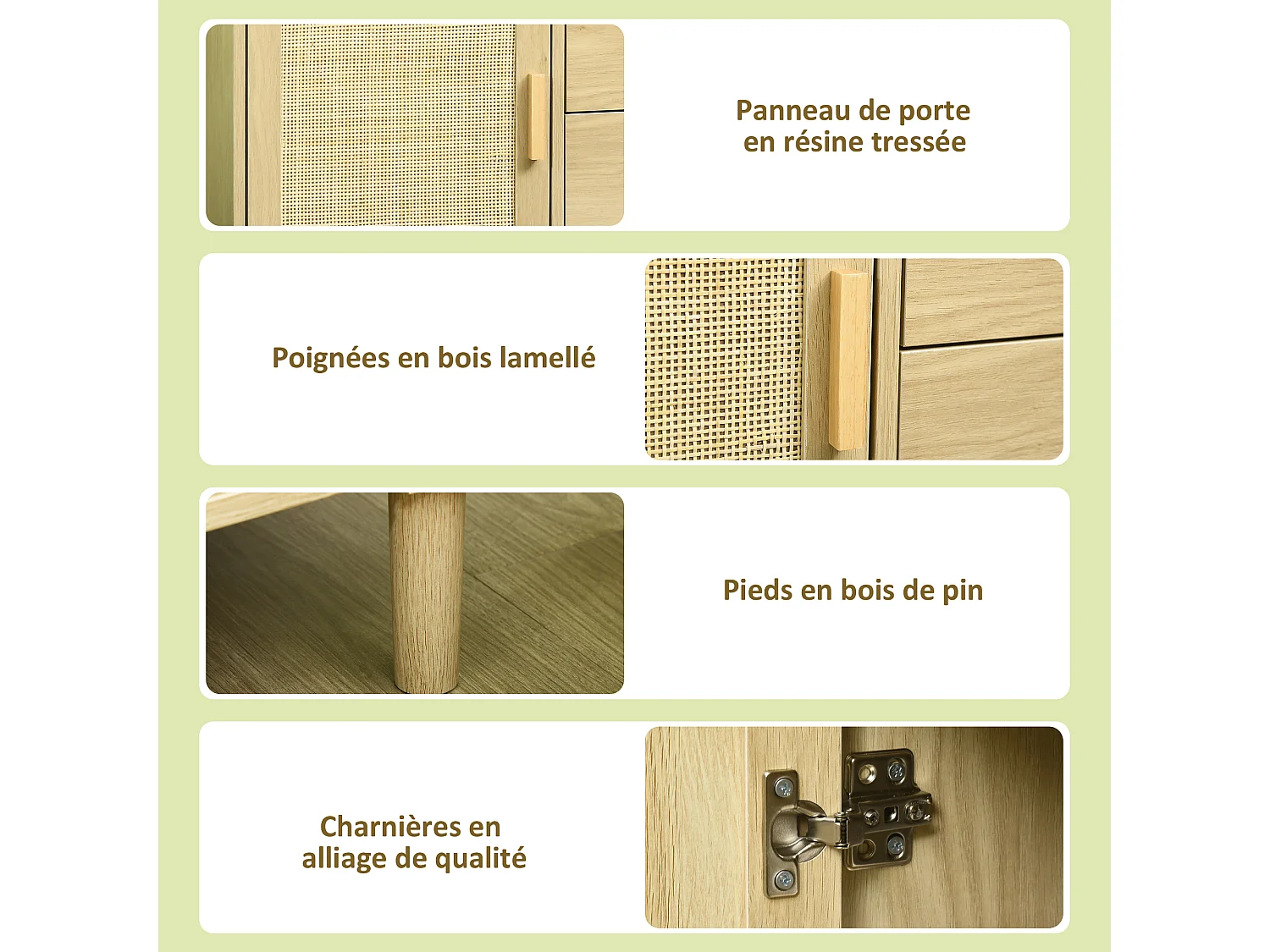 Buffet cannage rotin style naturel - porte, étagère, 4 tiroirs - dim. 80 x 38 x 80,5 cm - effet bois clair