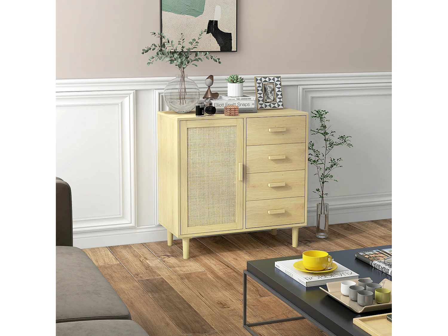 Buffet cannage rotin style naturel - porte, étagère, 4 tiroirs - dim. 80 x 38 x 80,5 cm - effet bois clair