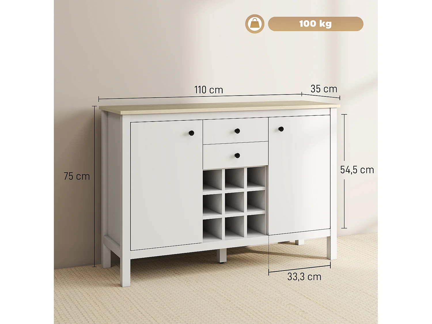 Buffet 2 tiroirs, 2 portes étagères réglables, range-bouteilles 9 max. - blanc bois clair