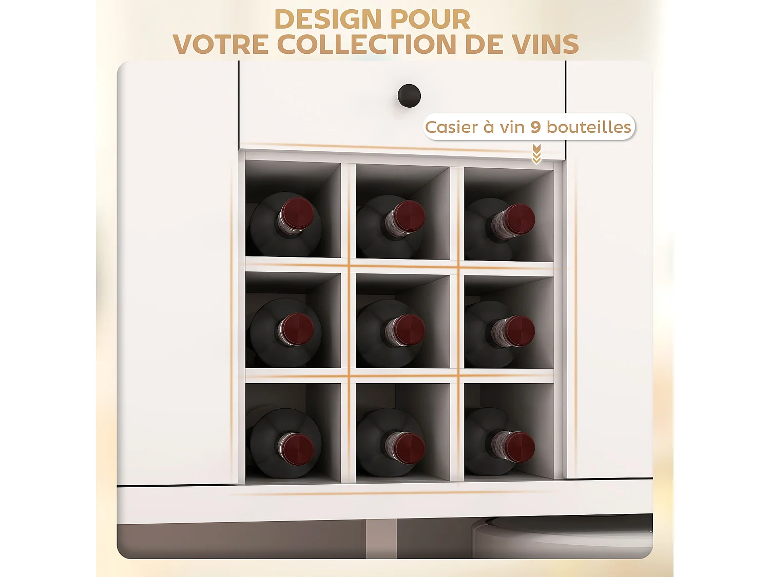 Buffet 2 tiroirs, 2 portes étagères réglables, range-bouteilles 9 max. - blanc bois clair