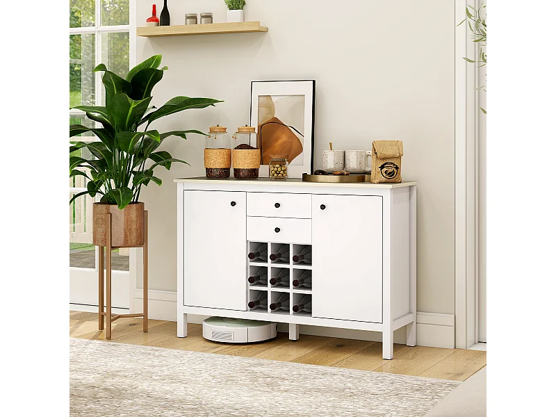 Buffet 2 tiroirs, 2 portes étagères réglables, range-bouteilles 9 max. - blanc bois clair