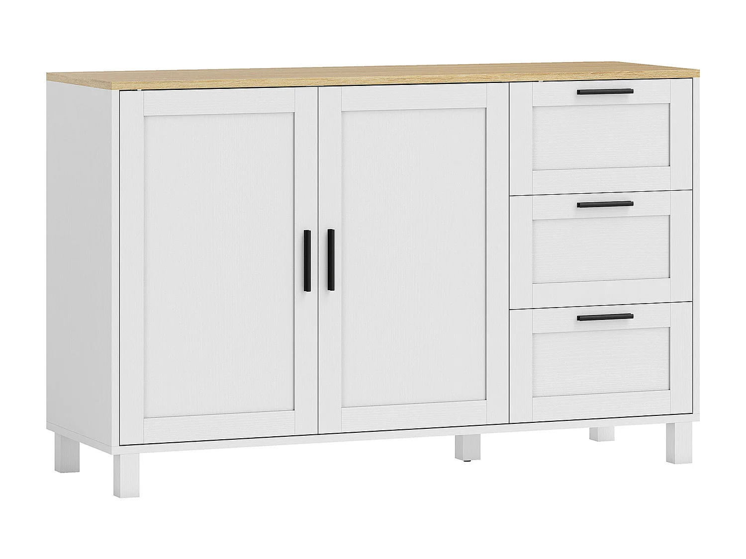 Buffet 2 portes étagère 3 tiroirs dim. 120x38x76cm blanc plateau effet bois clair
