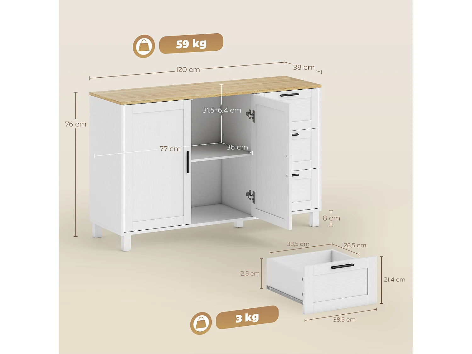 Buffet 2 portes étagère 3 tiroirs dim. 120x38x76cm blanc plateau effet bois clair