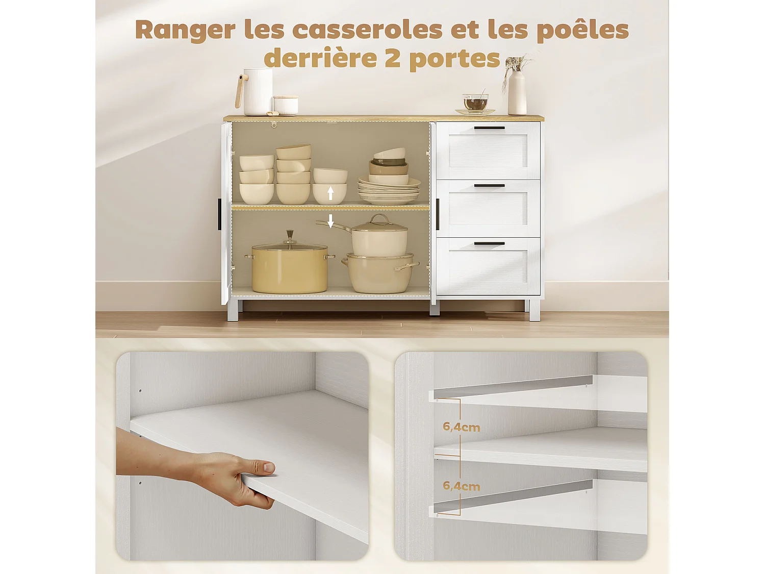 Buffet 2 portes étagère 3 tiroirs dim. 120x38x76cm blanc plateau effet bois clair