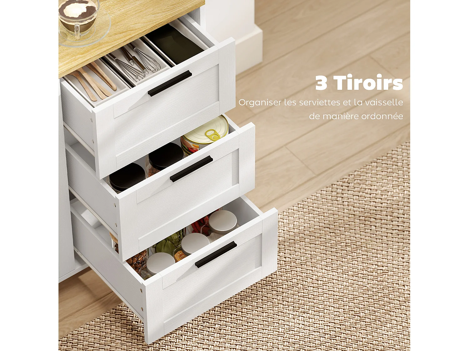 Buffet 2 portes étagère 3 tiroirs dim. 120x38x76cm blanc plateau effet bois clair
