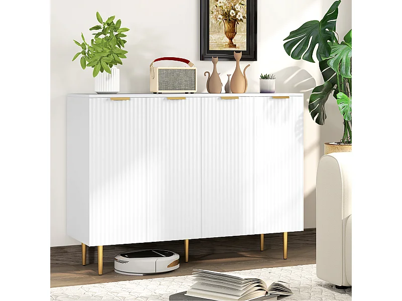 Buffet design contemporain 4 portes effet cannelé 2 étagères dim. 120 x 40 x 90 cm métal doré blanc