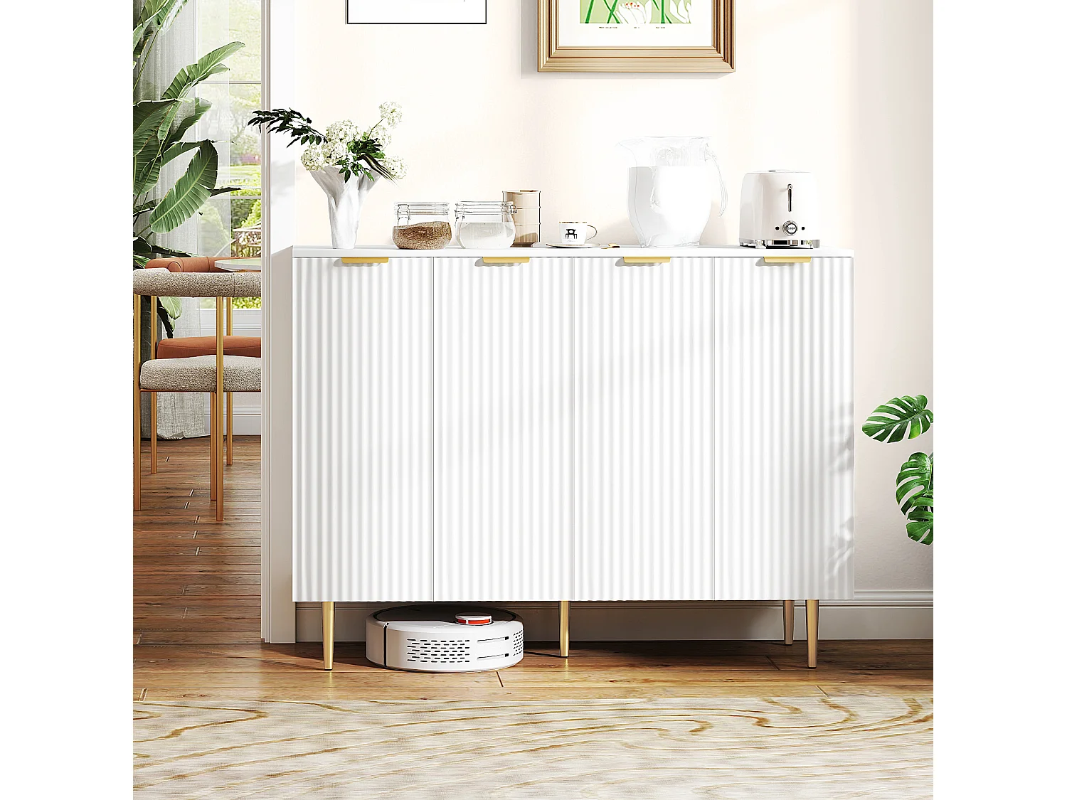 Buffet design contemporain 4 portes effet cannelé 2 étagères dim. 120 x 40 x 90 cm métal doré blanc