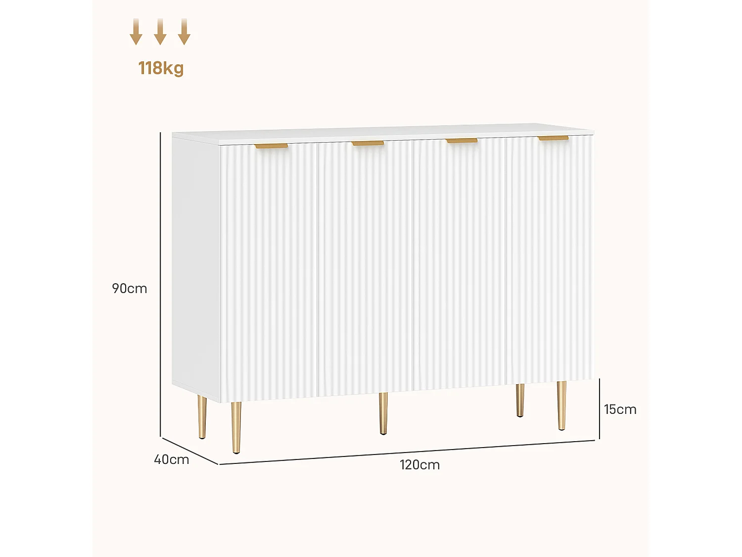 Buffet design contemporain 4 portes effet cannelé 2 étagères dim. 120 x 40 x 90 cm métal doré blanc
