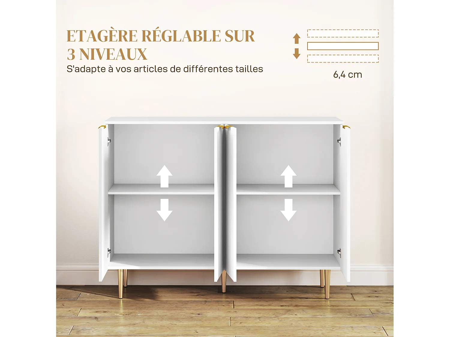 Buffet design contemporain 4 portes effet cannelé 2 étagères dim. 120 x 40 x 90 cm métal doré blanc