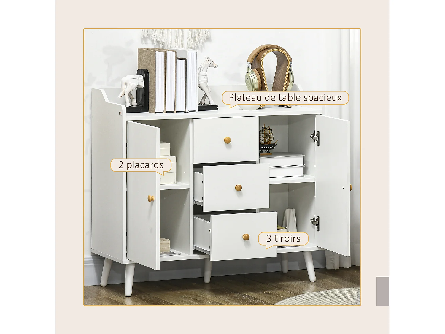 Buffet 2 portes 2 étagères 3 tiroirs grand plateau à rebord bois blanc naturel