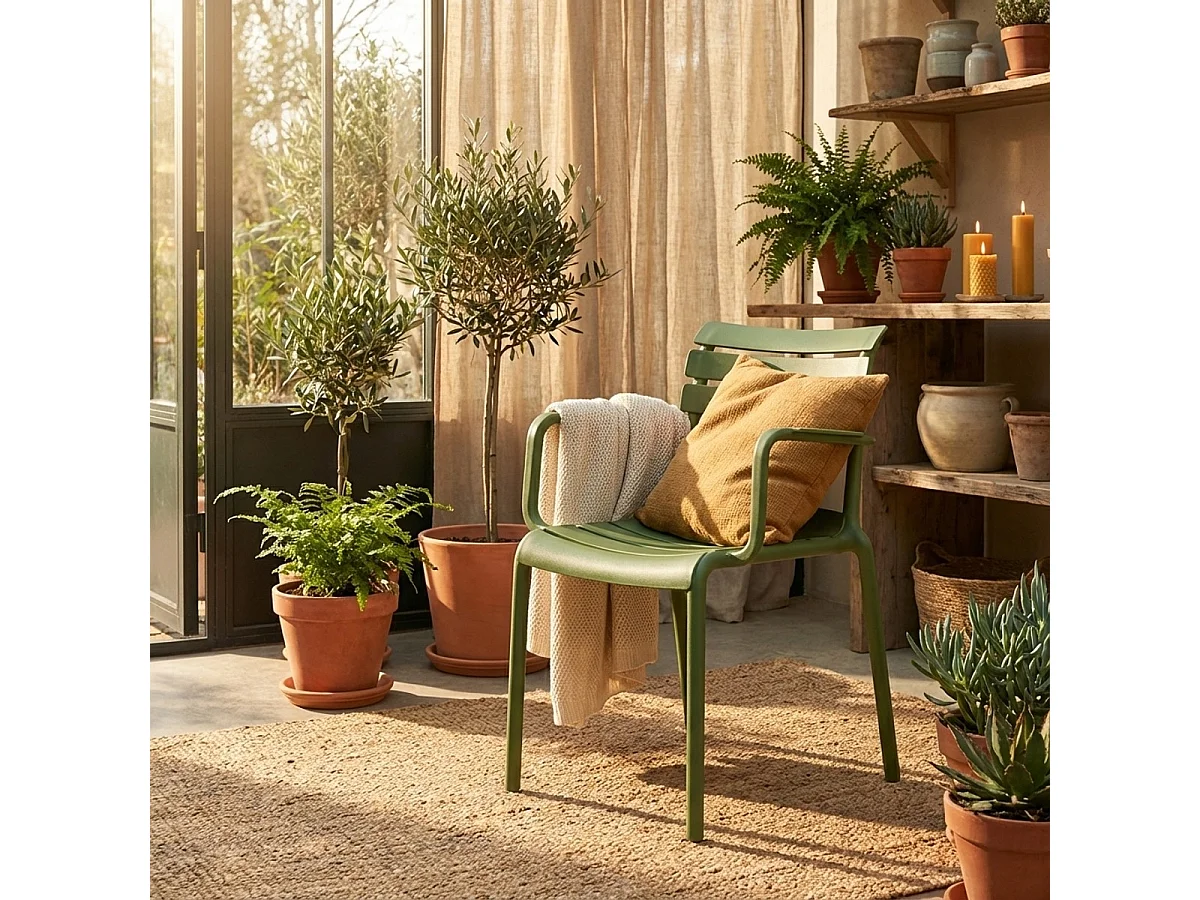 Chaise d'extérieur en polypropylène avec accoudoirs bar cuisine Satin - Vert foncé