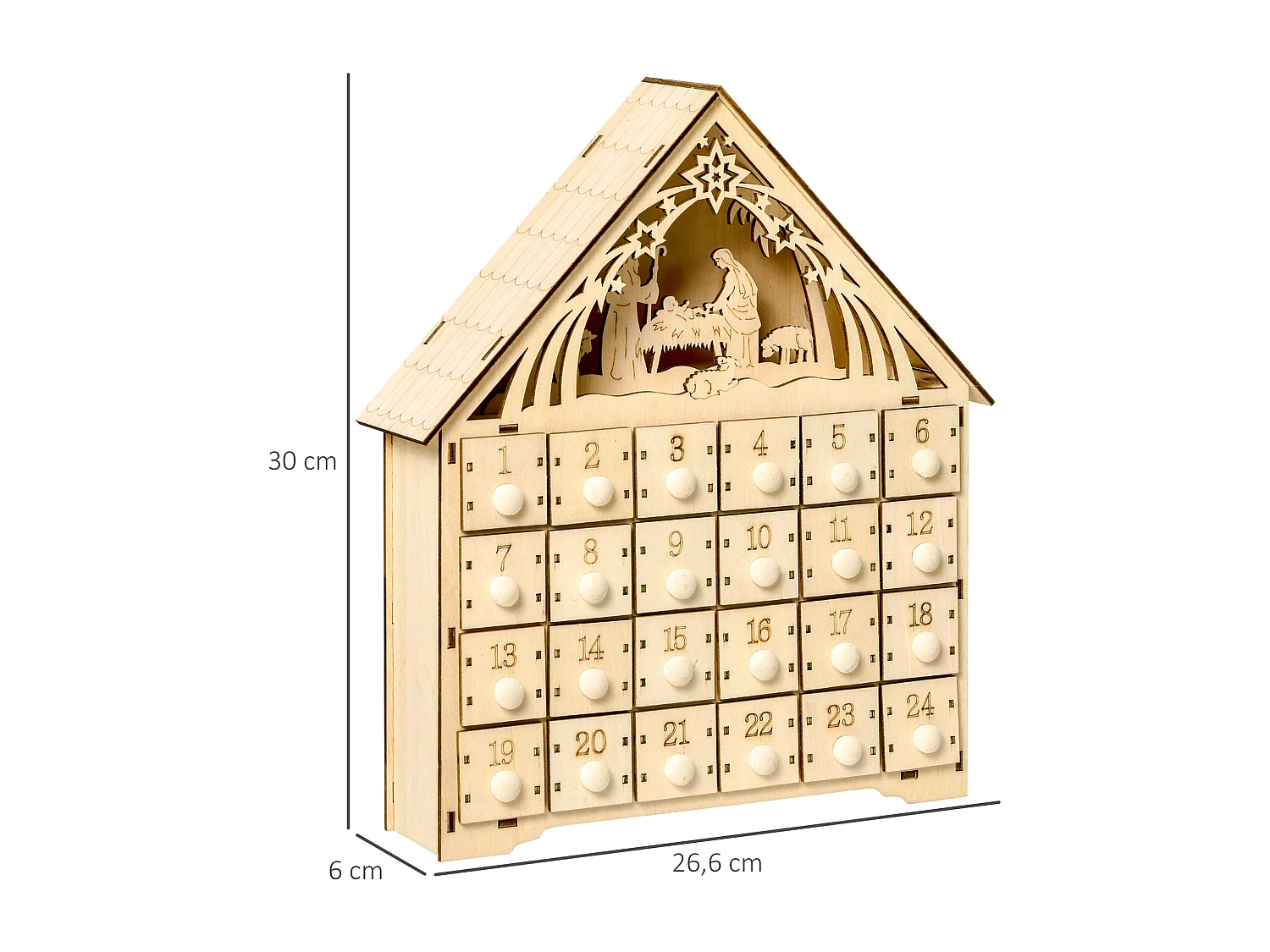 Calendrier de l'Avent en bois décoration de crèche de Noël - 24 tiroirs - naturel