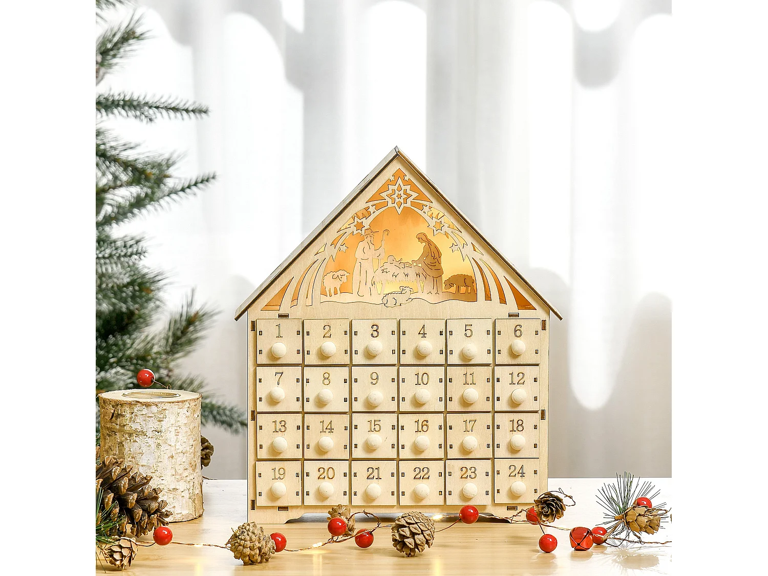 Calendrier de l'Avent en bois décoration de crèche de Noël - 24 tiroirs - naturel
