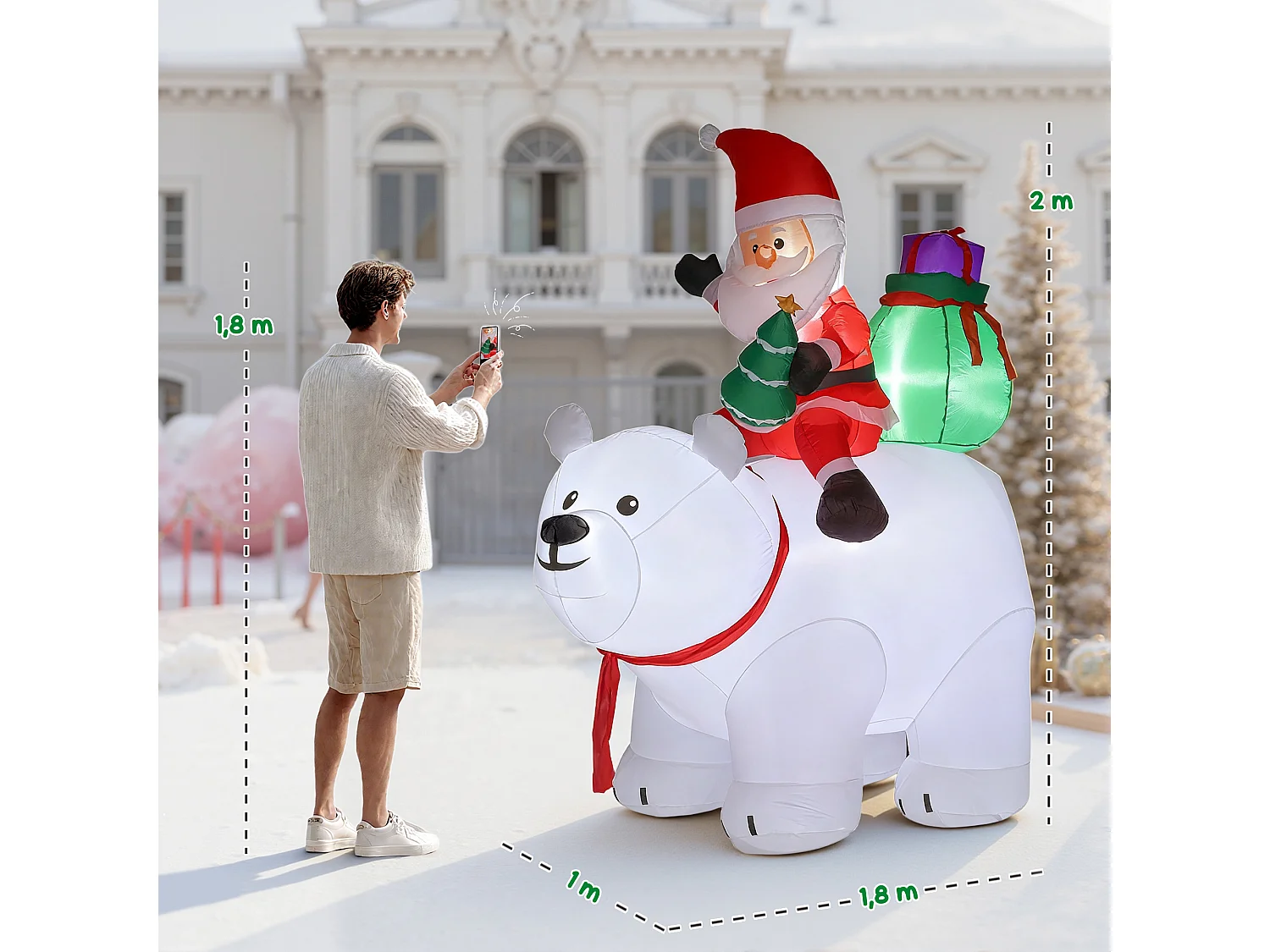 Ours polaire gonflable de Noël décoration gonflable LED de Noël H.2m père Noël et hotte