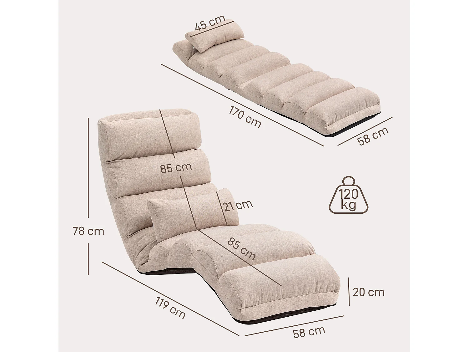 Fauteuil convertible paresseux grand confort réglable tissu toucher lin beige