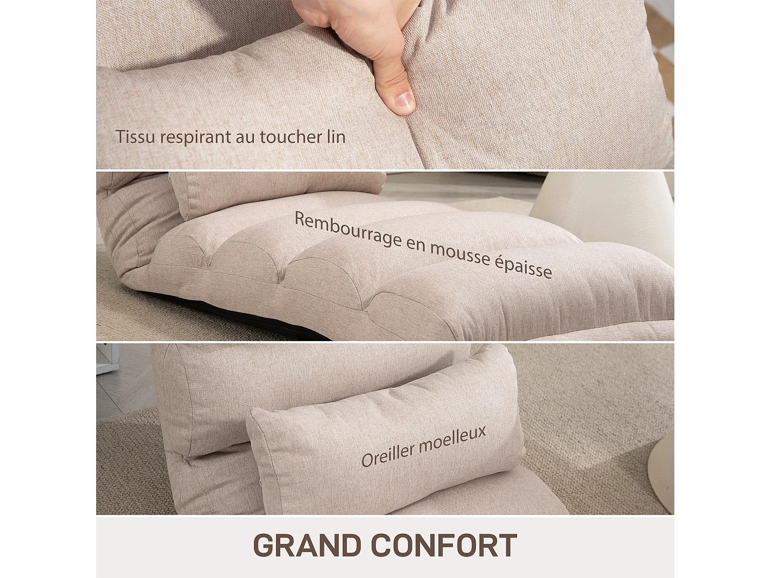 Fauteuil convertible paresseux grand confort réglable tissu toucher lin beige