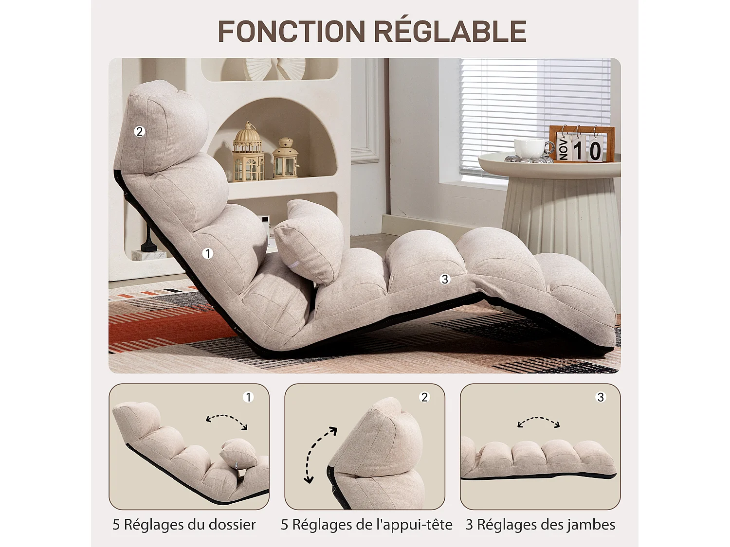 Fauteuil convertible paresseux grand confort réglable tissu toucher lin beige