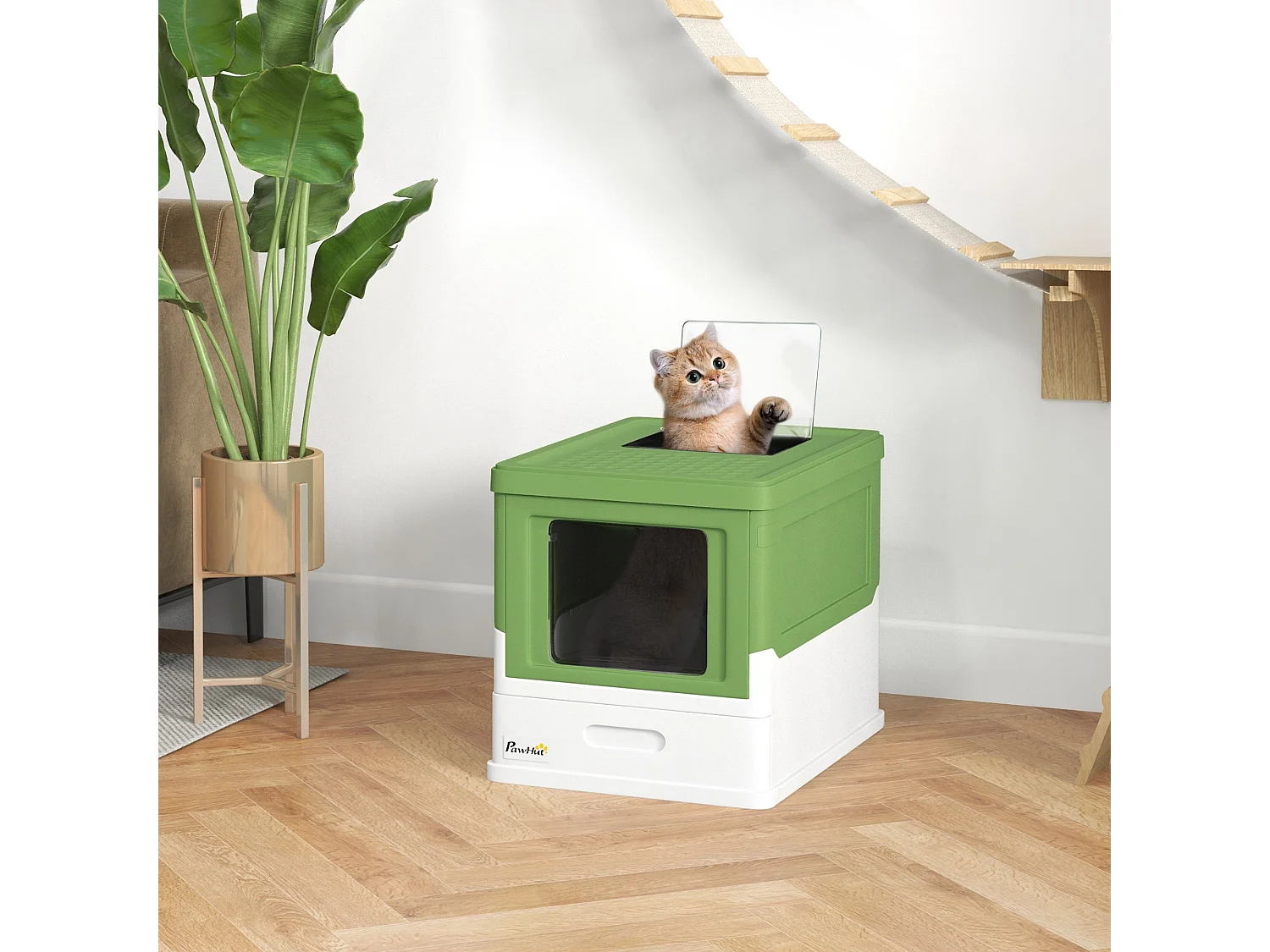 Maison de toilette pliable pour chat - tiroir à litière coulissant, porte battante et trappe transparente, pelle - blanc vert