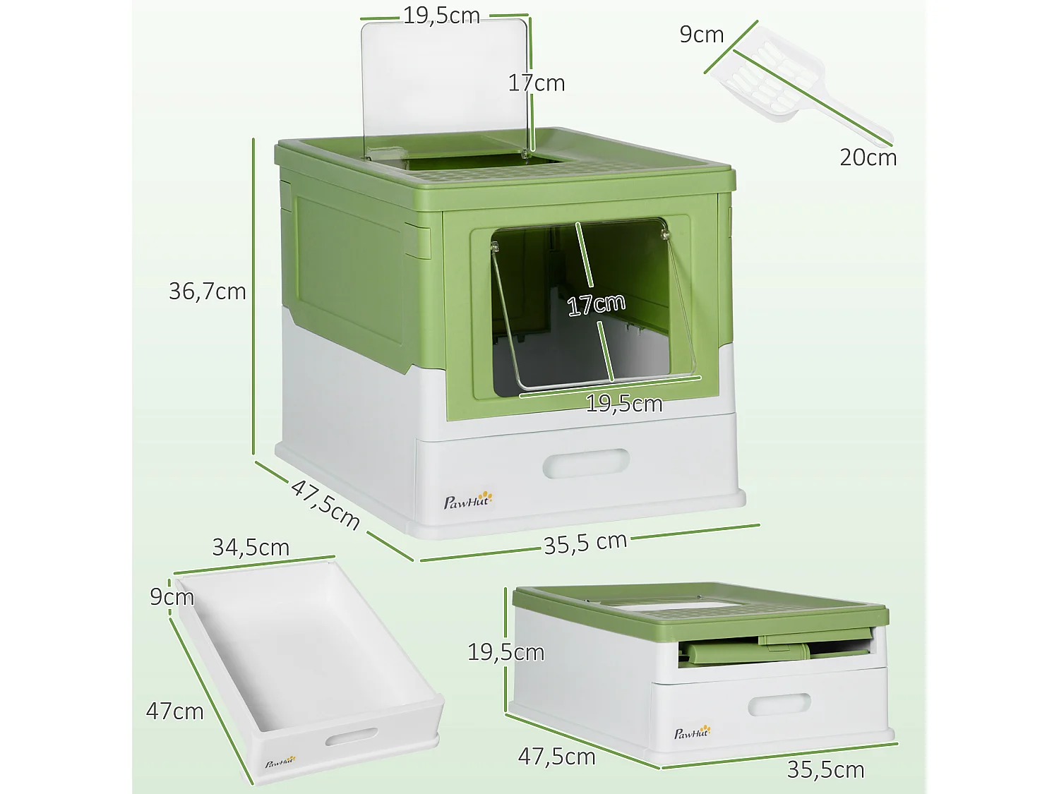 Maison de toilette pliable pour chat - tiroir à litière coulissant, porte battante et trappe transparente, pelle - blanc vert
