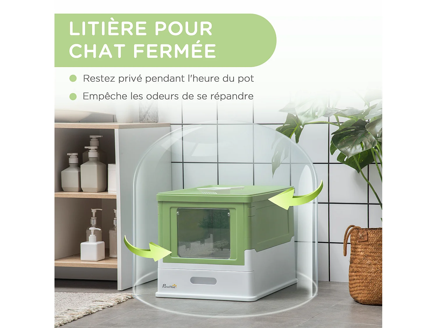 Maison de toilette pliable pour chat - tiroir à litière coulissant, porte battante et trappe transparente, pelle - blanc vert