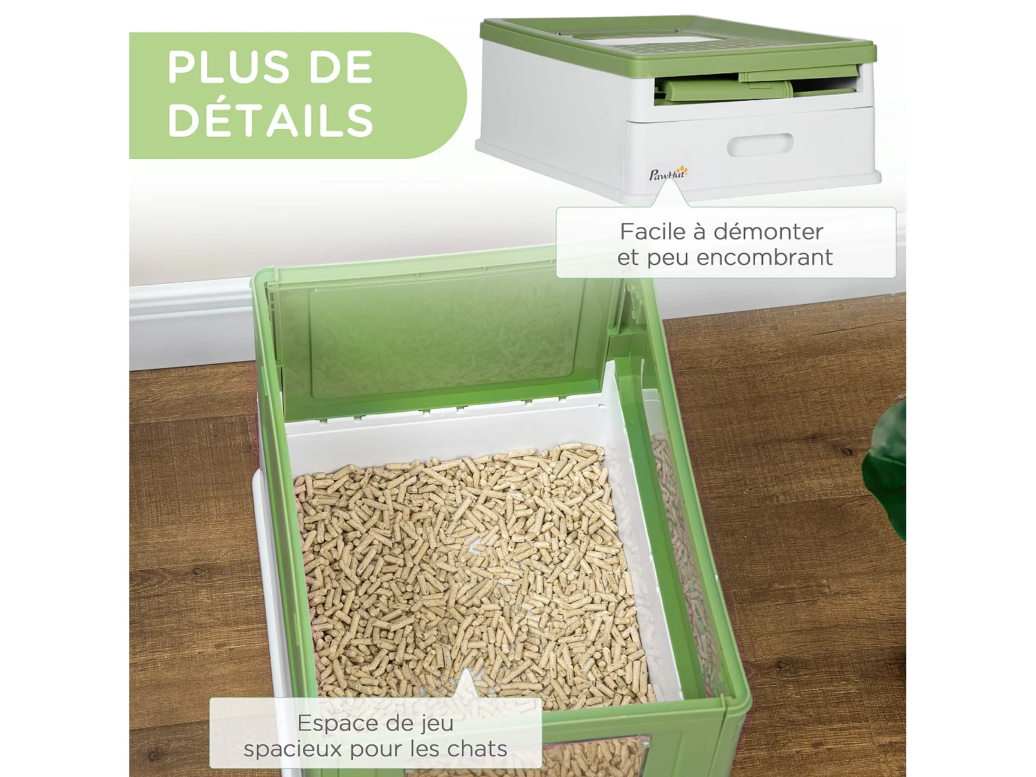 Maison de toilette pliable pour chat - tiroir à litière coulissant, porte battante et trappe transparente, pelle - blanc vert