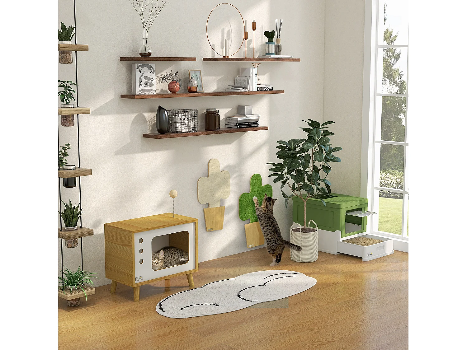 Maison de toilette pliable pour chat - tiroir à litière coulissant, porte battante et trappe transparente, pelle - blanc vert