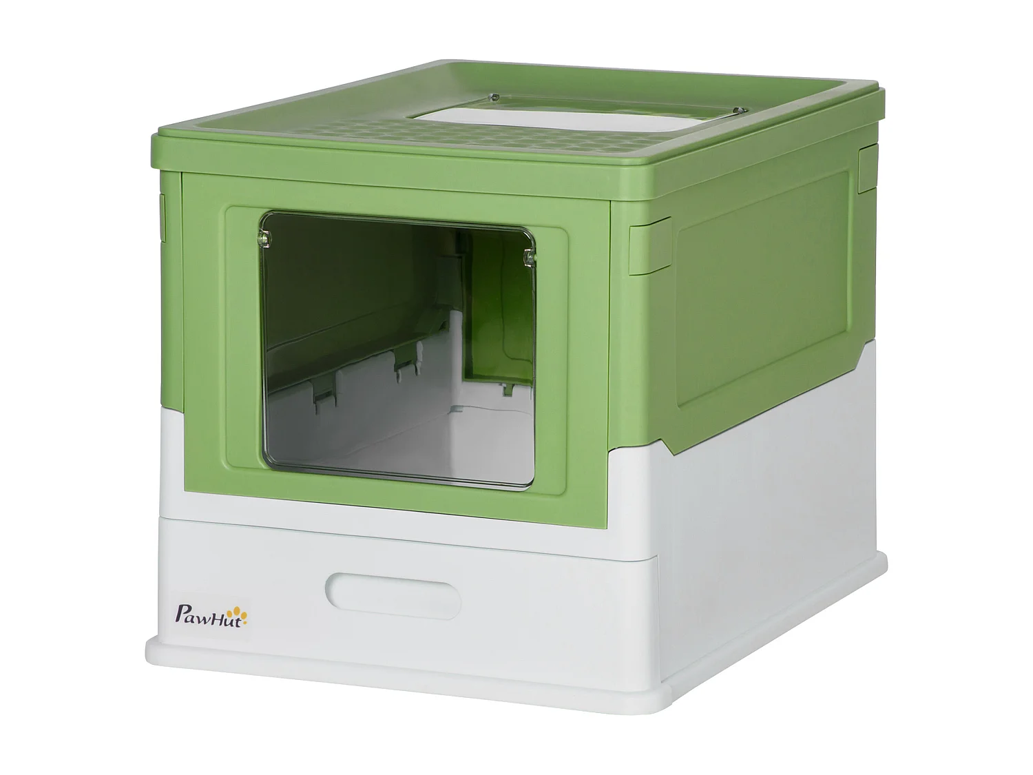 Maison de toilette pliable pour chat - tiroir à litière coulissant, porte battante et trappe transparente, pelle - blanc vert