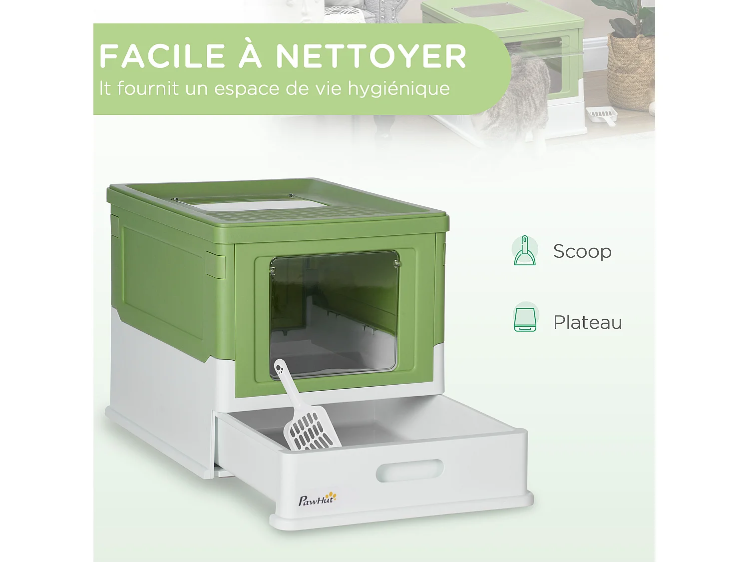 Maison de toilette pliable pour chat - tiroir à litière coulissant, porte battante et trappe transparente, pelle - blanc vert