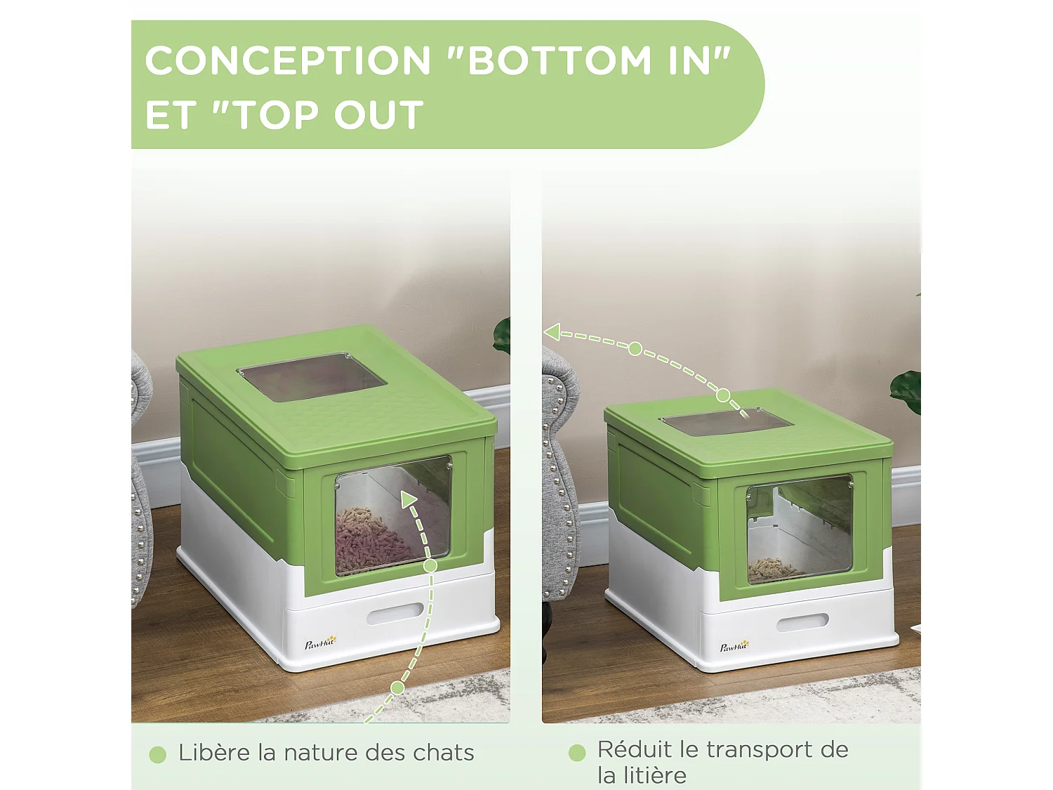 Maison de toilette pliable pour chat - tiroir à litière coulissant, porte battante et trappe transparente, pelle - blanc vert
