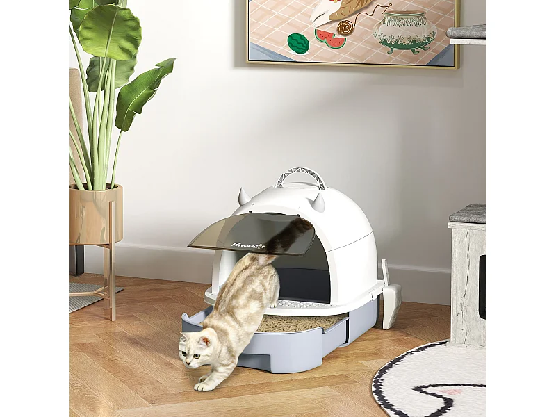 Maison de toilette chat design - porte fumée, pelle, 2 sacs désodorisation, tiroir litière coulissant, poignée - blanc gris