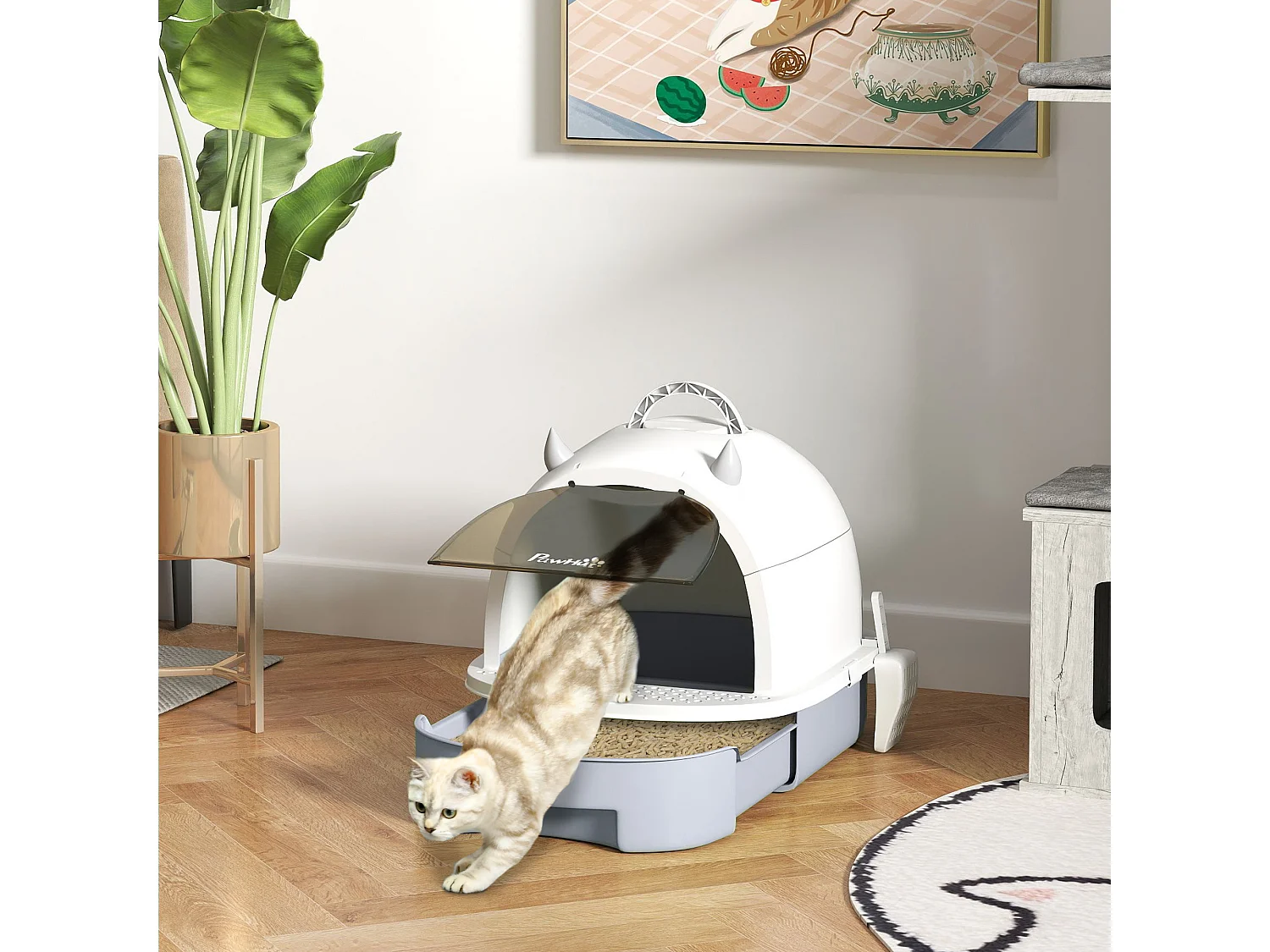 Maison de toilette chat design - porte fumée, pelle, 2 sacs désodorisation, tiroir litière coulissant, poignée - blanc gris