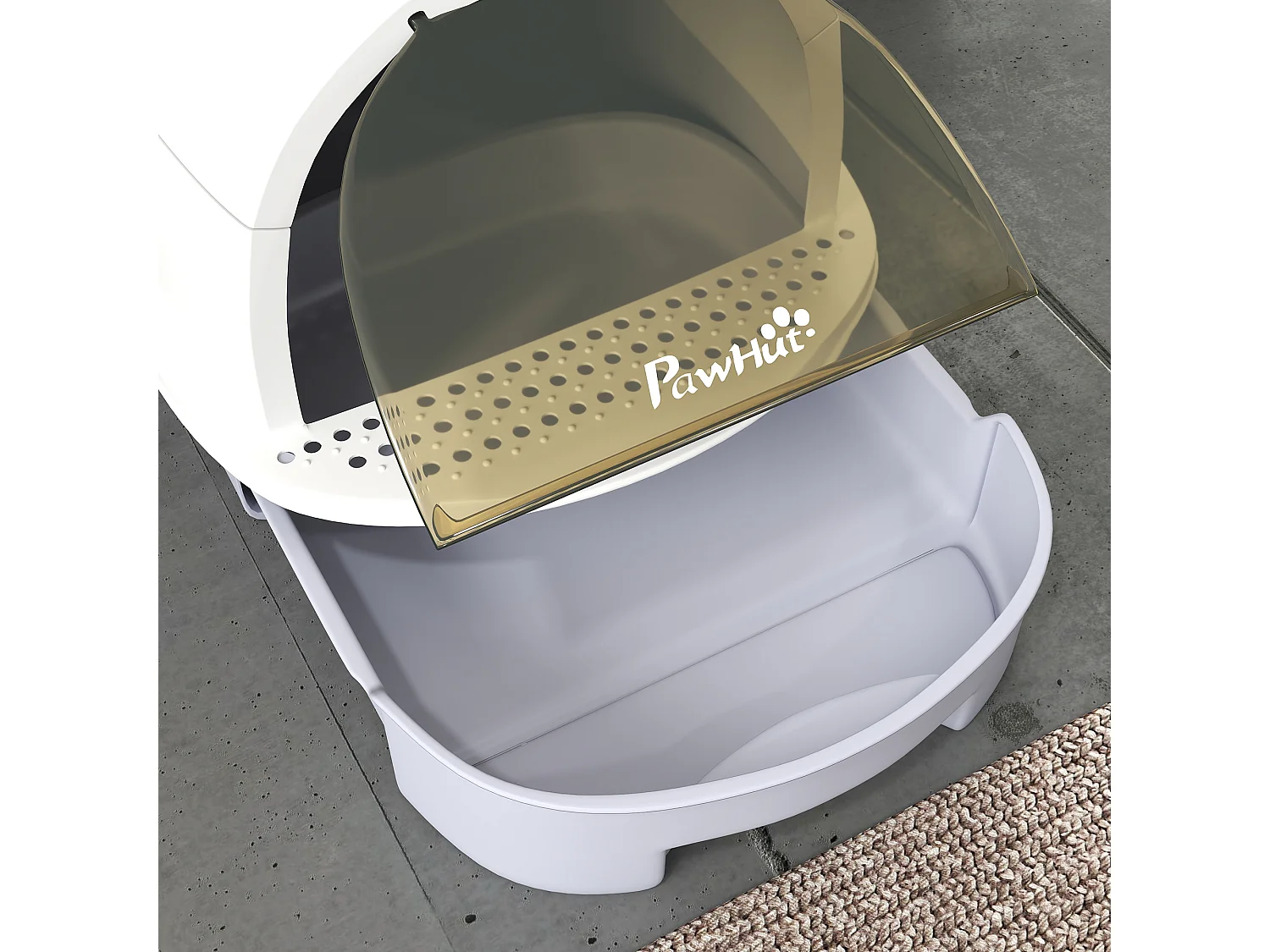 Maison de toilette chat design - porte fumée, pelle, 2 sacs désodorisation, tiroir litière coulissant, poignée - blanc gris