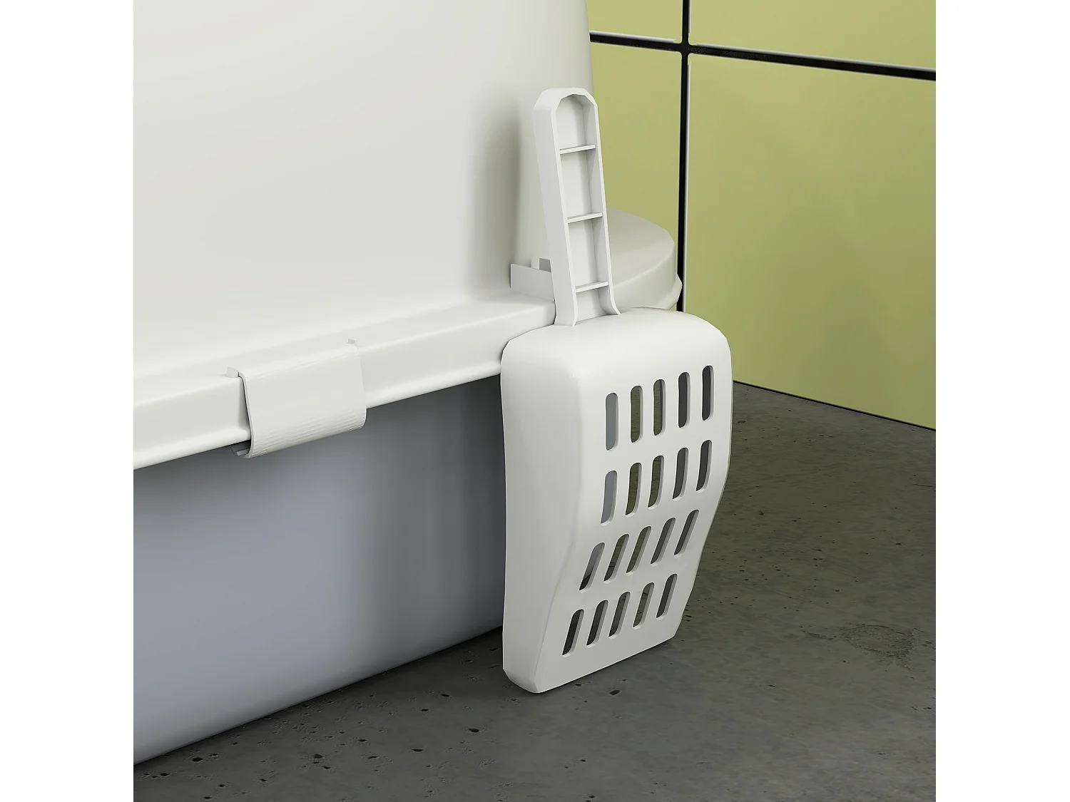 Maison de toilette chat design - porte fumée, pelle, 2 sacs désodorisation, tiroir litière coulissant, poignée - blanc gris