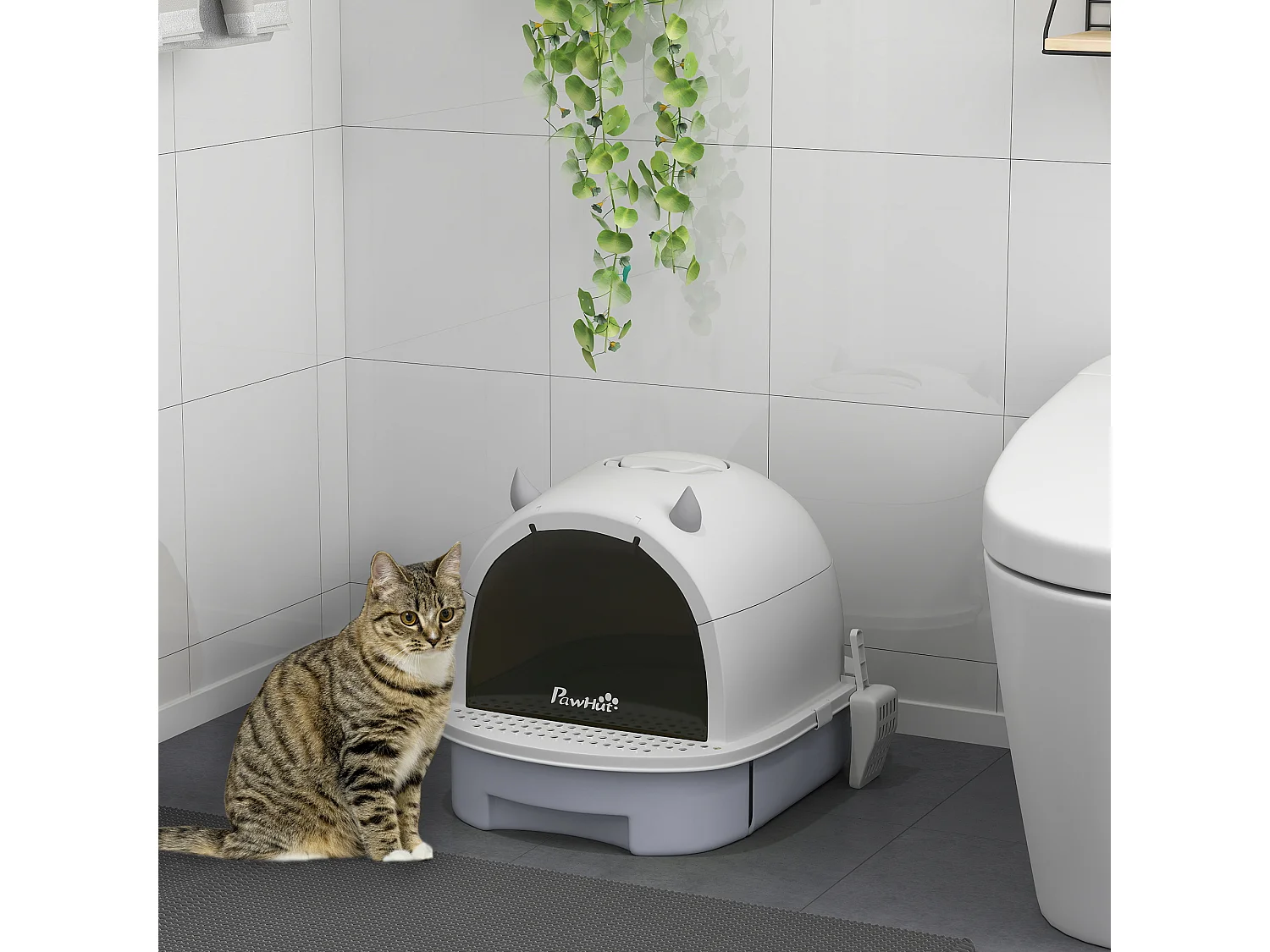 Maison de toilette chat design - porte fumée, pelle, 2 sacs désodorisation, tiroir litière coulissant, poignée - blanc gris