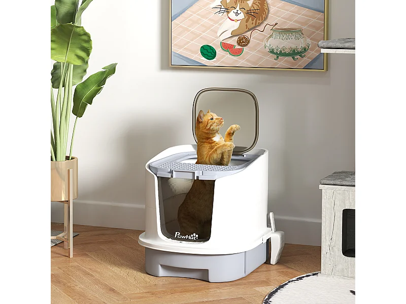 Maison de toilette chat - porte fumée, pelle, 2 sacs désodorisation, tiroir litière coulissant - entrée sortie - blanc gris