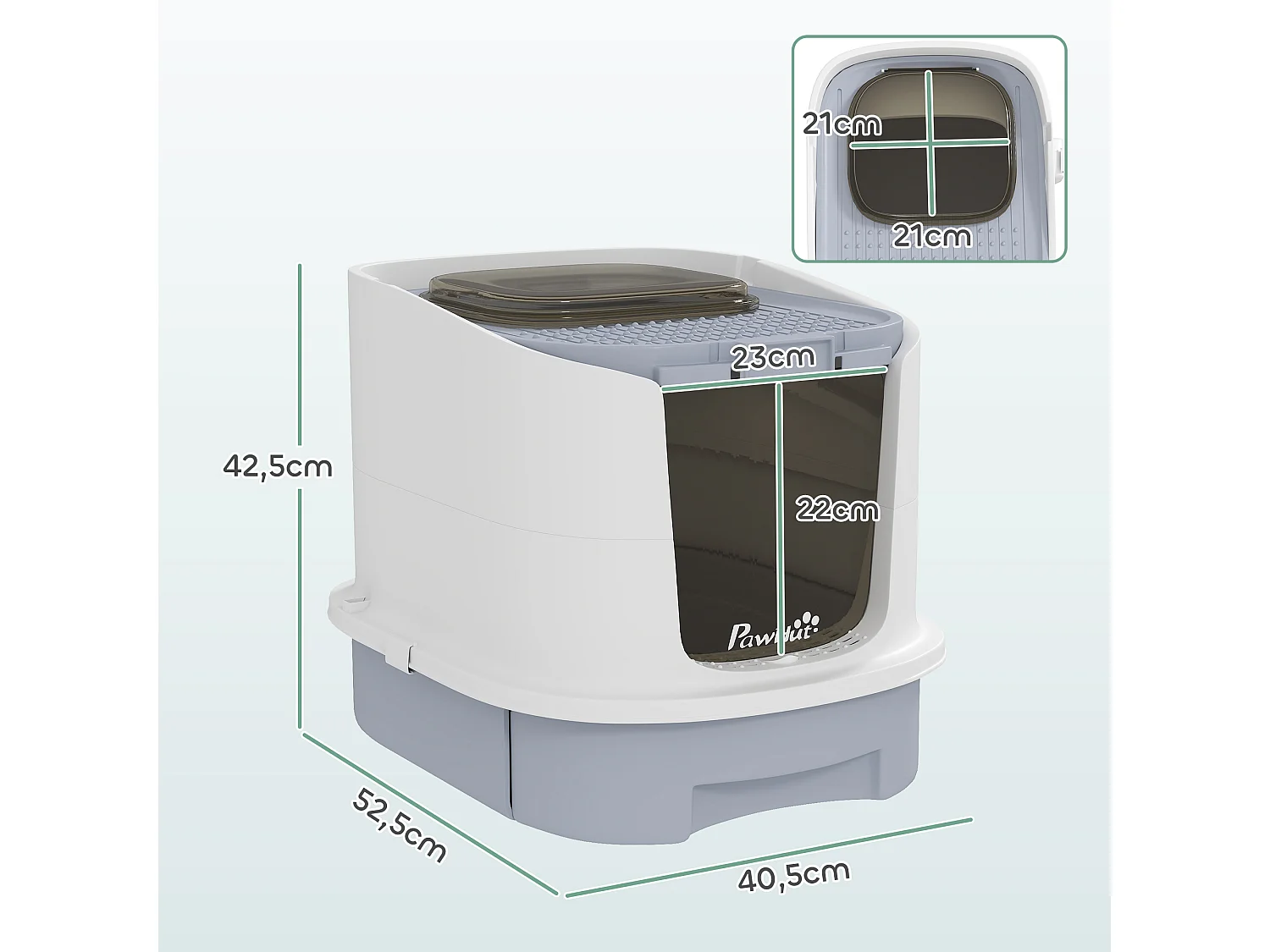 Maison de toilette chat - porte fumée, pelle, 2 sacs désodorisation, tiroir litière coulissant - entrée sortie - blanc gris
