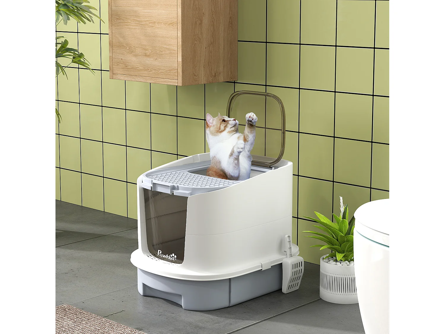 Maison de toilette chat - porte fumée, pelle, 2 sacs désodorisation, tiroir litière coulissant - entrée sortie - blanc gris