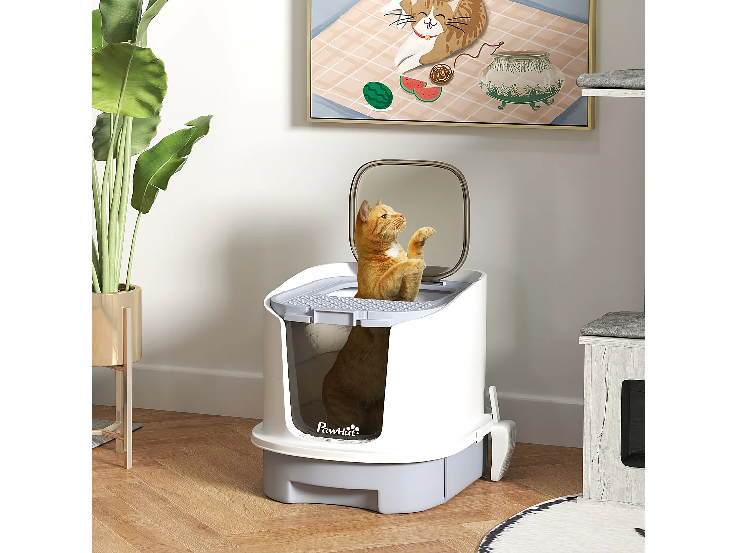 Maison de toilette chat - porte fumée, pelle, 2 sacs désodorisation, tiroir litière coulissant - entrée sortie - blanc gris