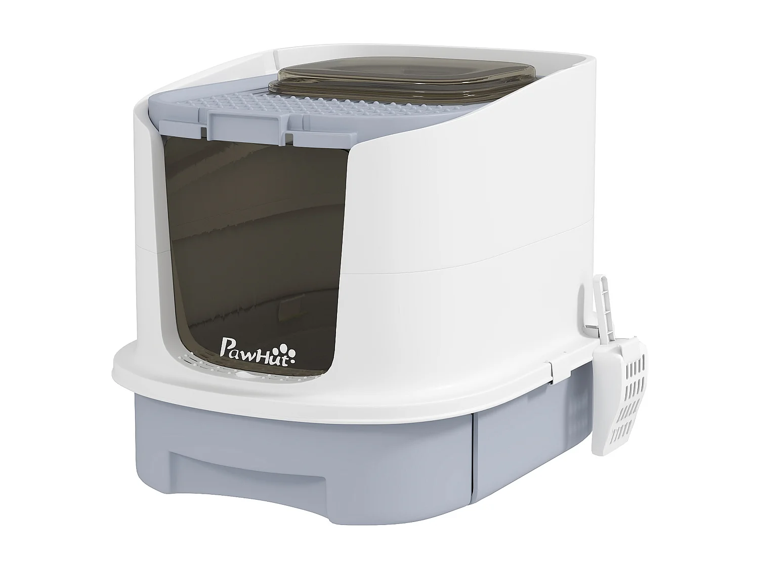 Maison de toilette chat - porte fumée, pelle, 2 sacs désodorisation, tiroir litière coulissant - entrée sortie - blanc gris