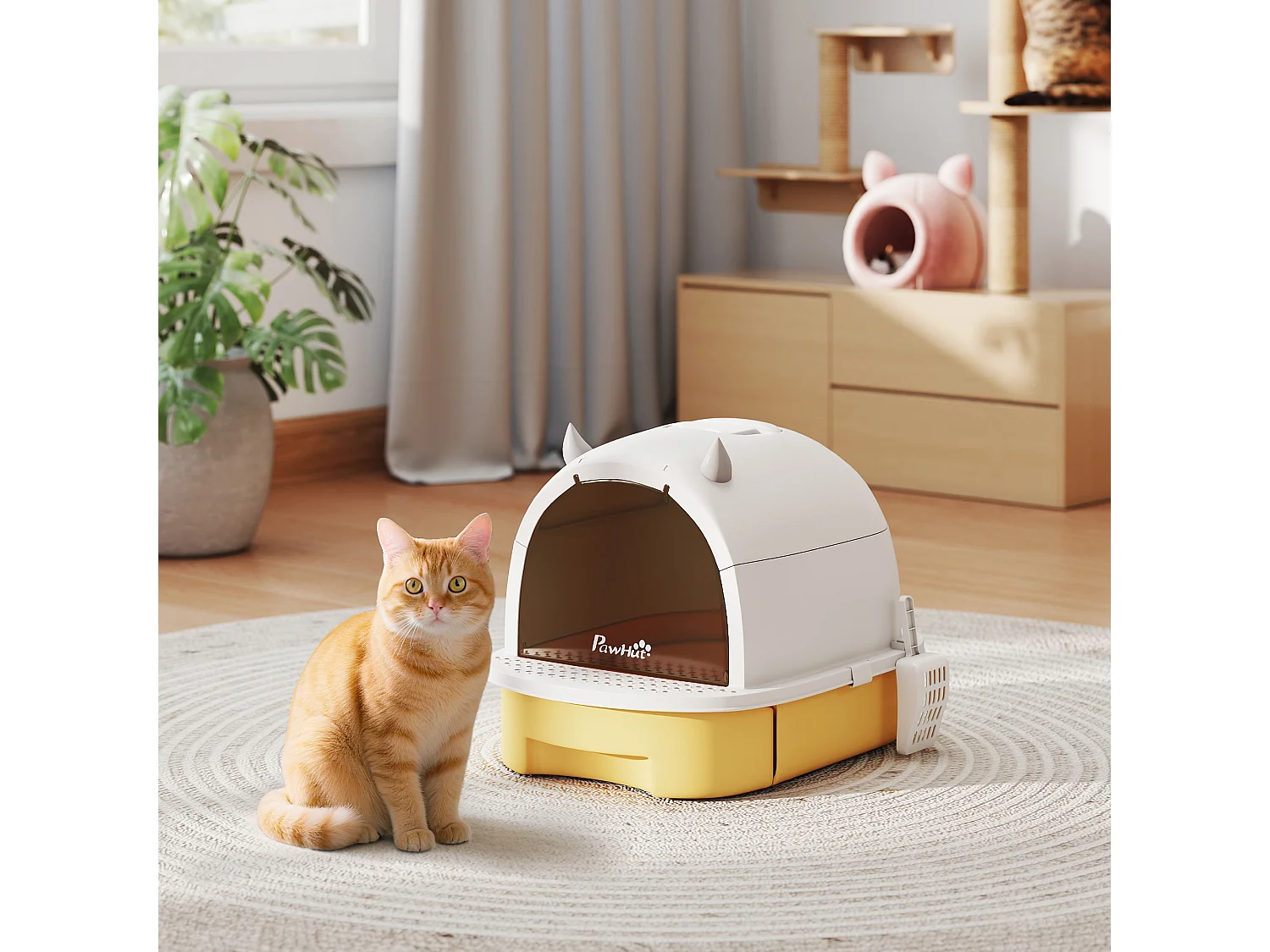 Maison de toilette chat design - porte fumée, pelle, 2 sacs désodorisation, tiroir litière coulissant, poignée - blanc jaune