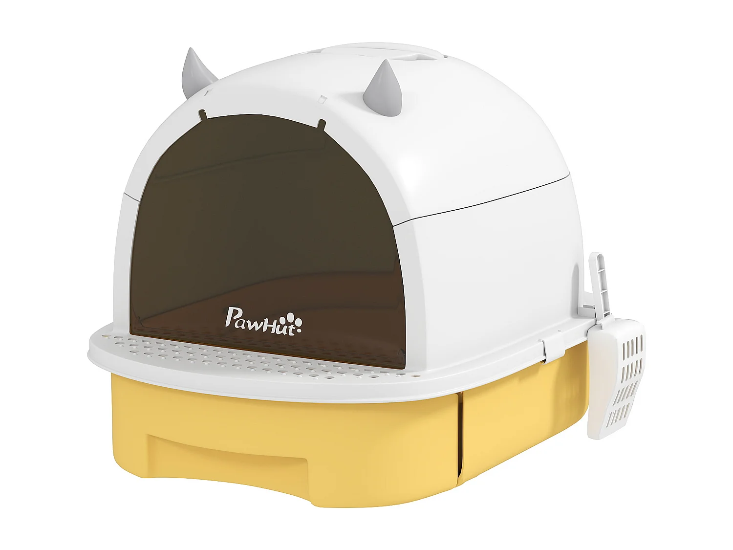 Maison de toilette chat design - porte fumée, pelle, 2 sacs désodorisation, tiroir litière coulissant, poignée - blanc jaune