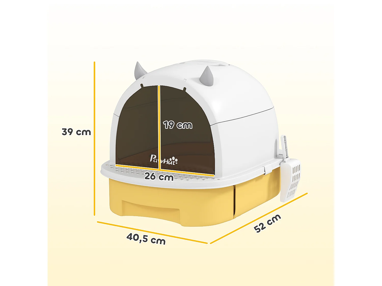 Maison de toilette chat design - porte fumée, pelle, 2 sacs désodorisation, tiroir litière coulissant, poignée - blanc jaune