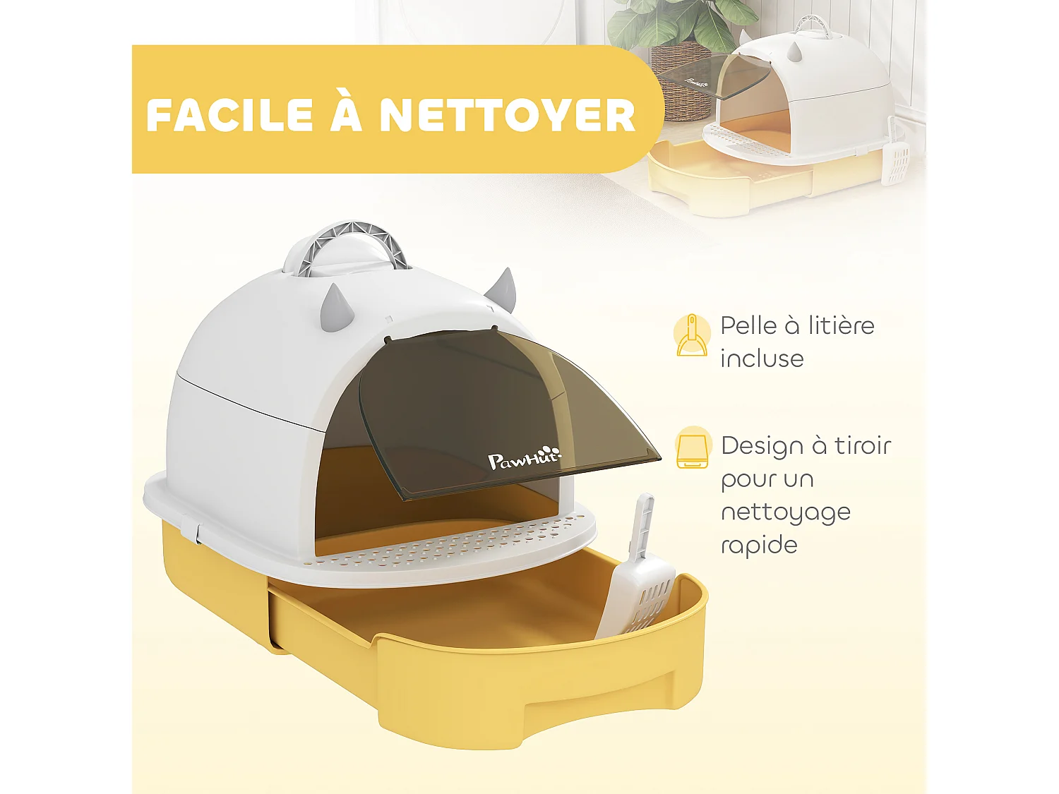 Maison de toilette chat design - porte fumée, pelle, 2 sacs désodorisation, tiroir litière coulissant, poignée - blanc jaune