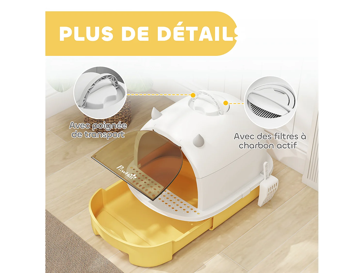 Maison de toilette chat design - porte fumée, pelle, 2 sacs désodorisation, tiroir litière coulissant, poignée - blanc jaune