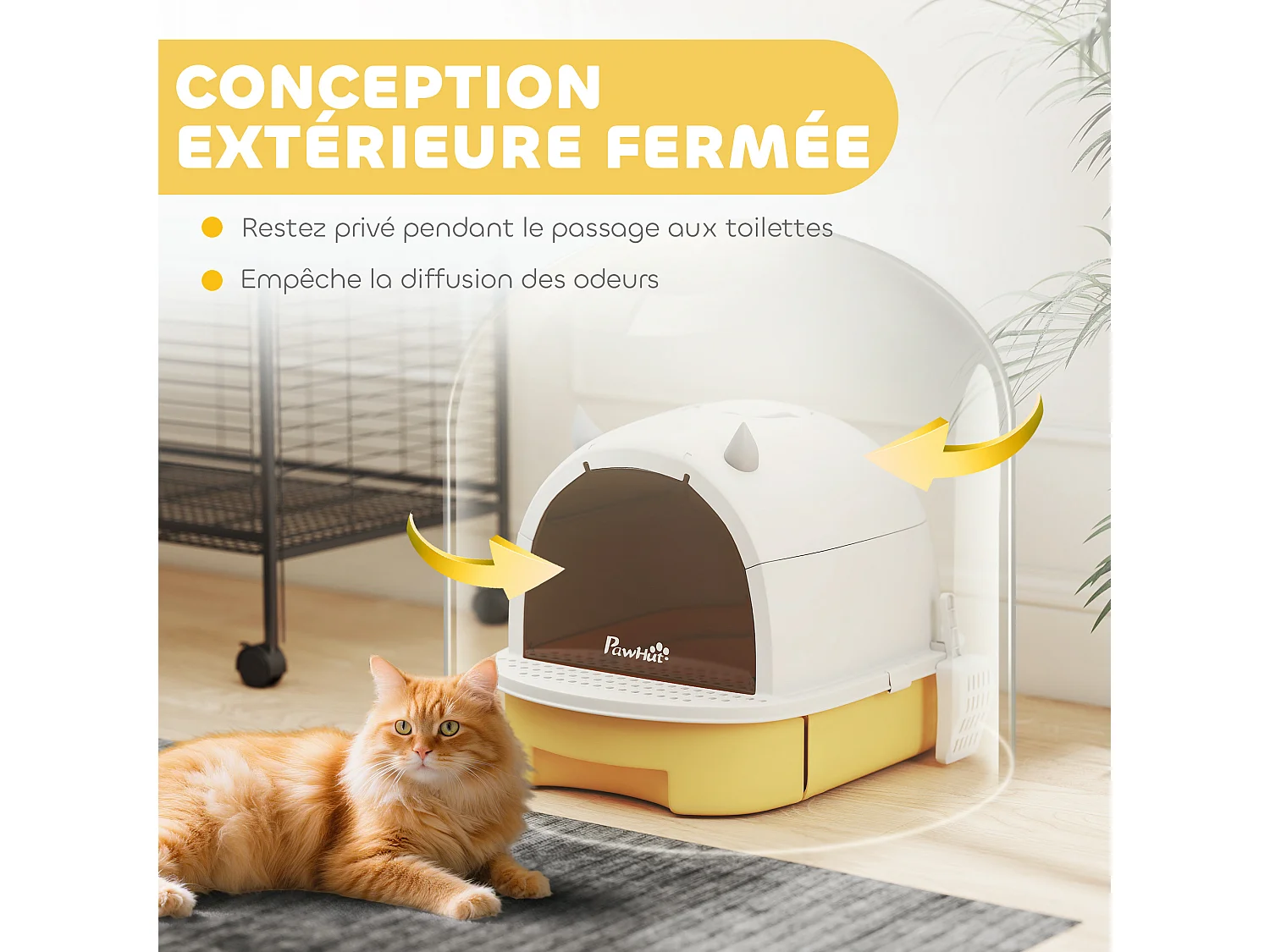 Maison de toilette chat design - porte fumée, pelle, 2 sacs désodorisation, tiroir litière coulissant, poignée - blanc jaune