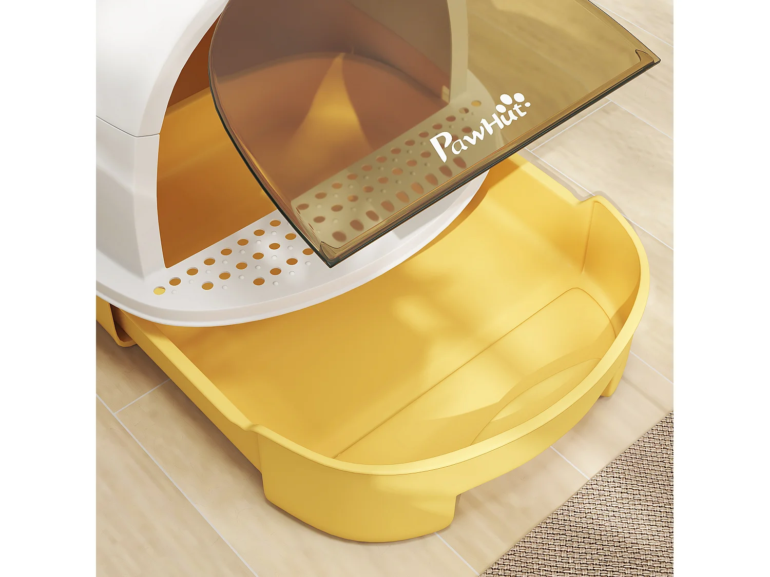 Maison de toilette chat design - porte fumée, pelle, 2 sacs désodorisation, tiroir litière coulissant, poignée - blanc jaune