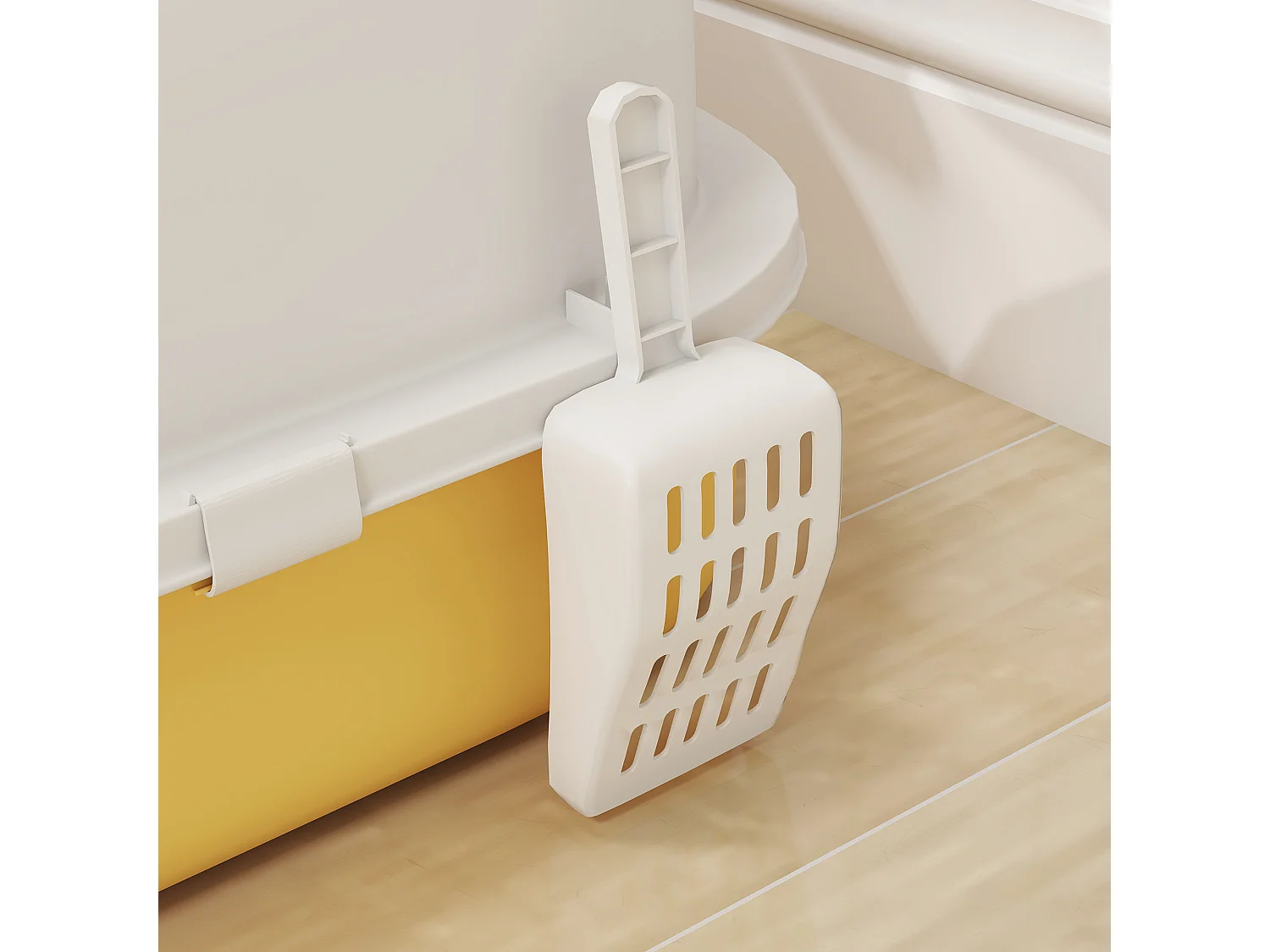 Maison de toilette chat design - porte fumée, pelle, 2 sacs désodorisation, tiroir litière coulissant, poignée - blanc jaune