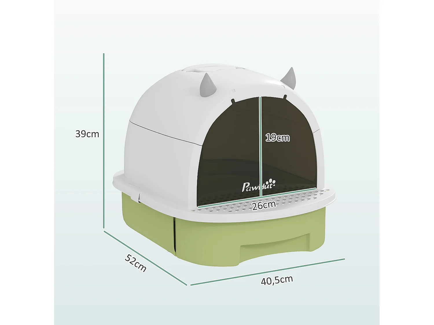 Maison de toilette chat design - porte fumée, pelle, 2 sacs désodorisation, tiroir litière coulissant, poignée - blanc vert