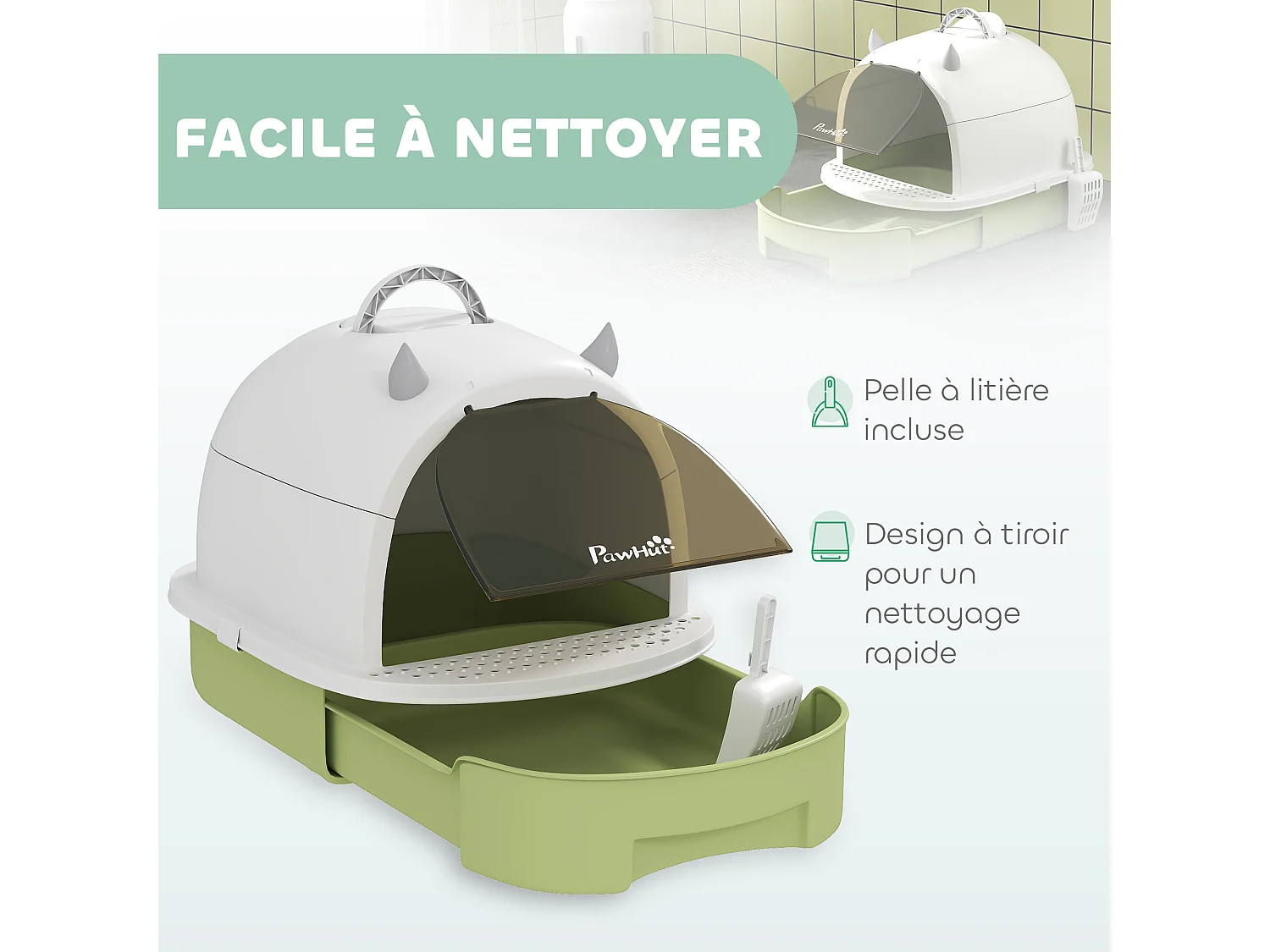 Maison de toilette chat design - porte fumée, pelle, 2 sacs désodorisation, tiroir litière coulissant, poignée - blanc vert