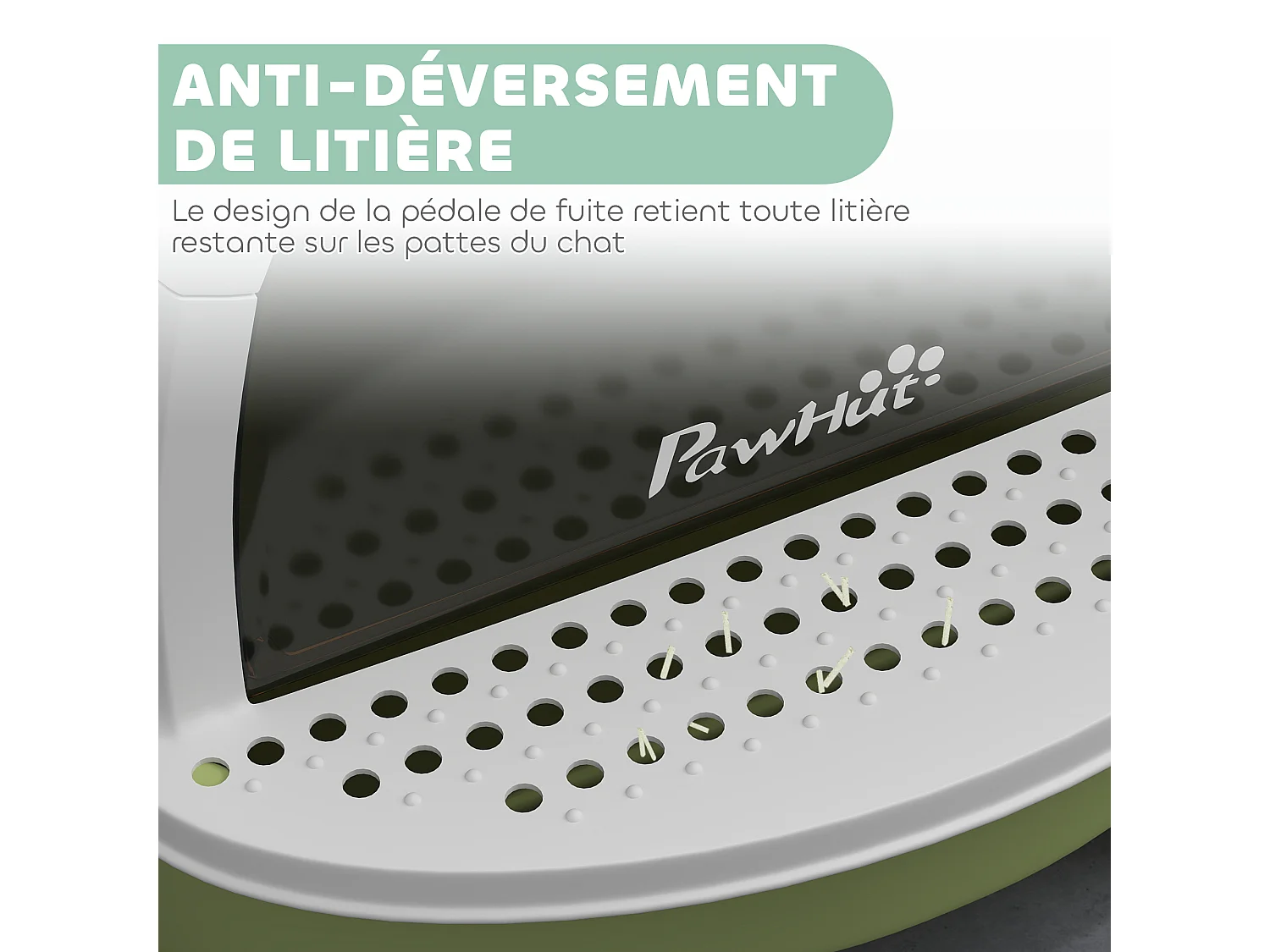 Maison de toilette chat design - porte fumée, pelle, 2 sacs désodorisation, tiroir litière coulissant, poignée - blanc vert